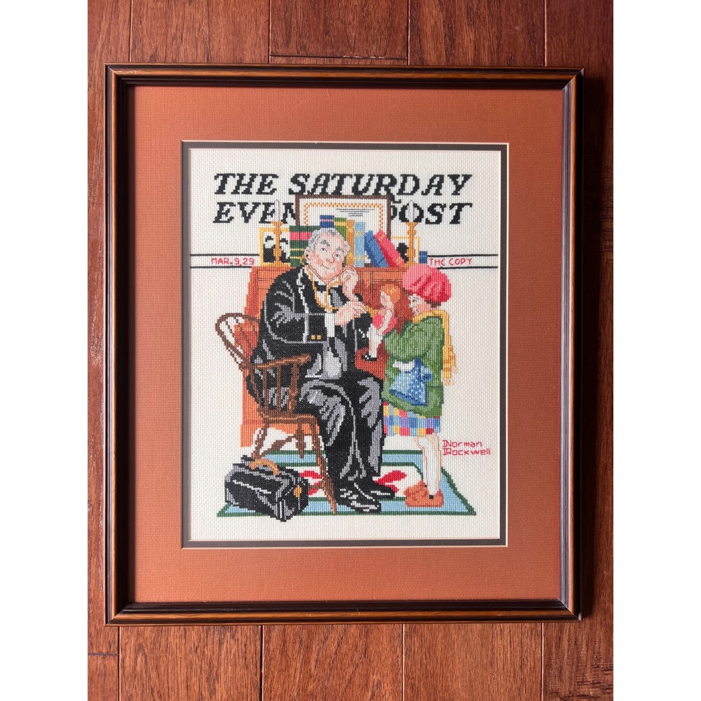 Norman Rockwell Saturday Evening Post Doctor and Doll Framed Cross Stitch Art